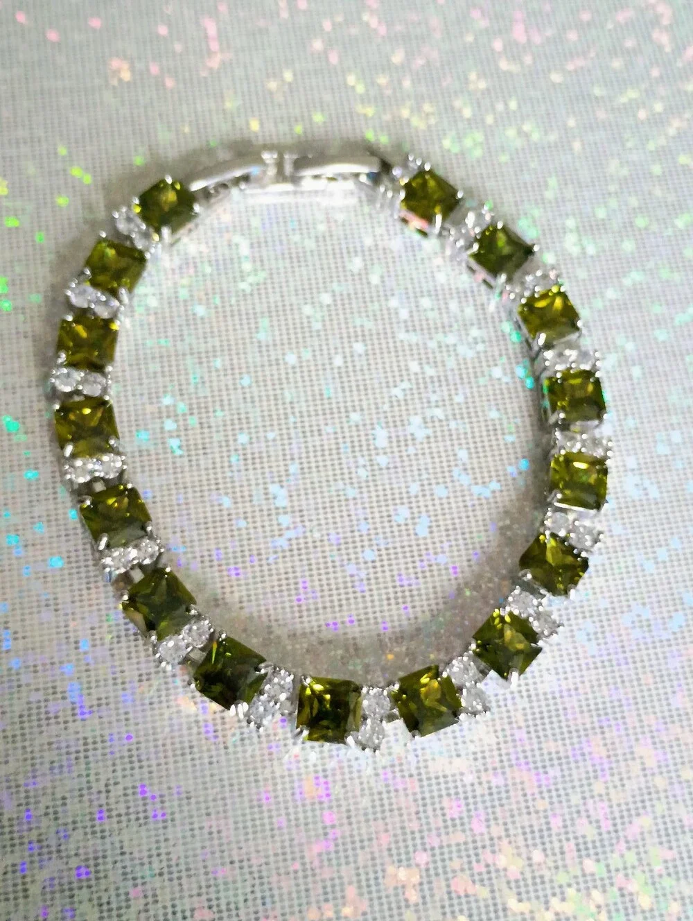 New White Gold Plated & Olive Green Tennis Bracelet with Clear Accents